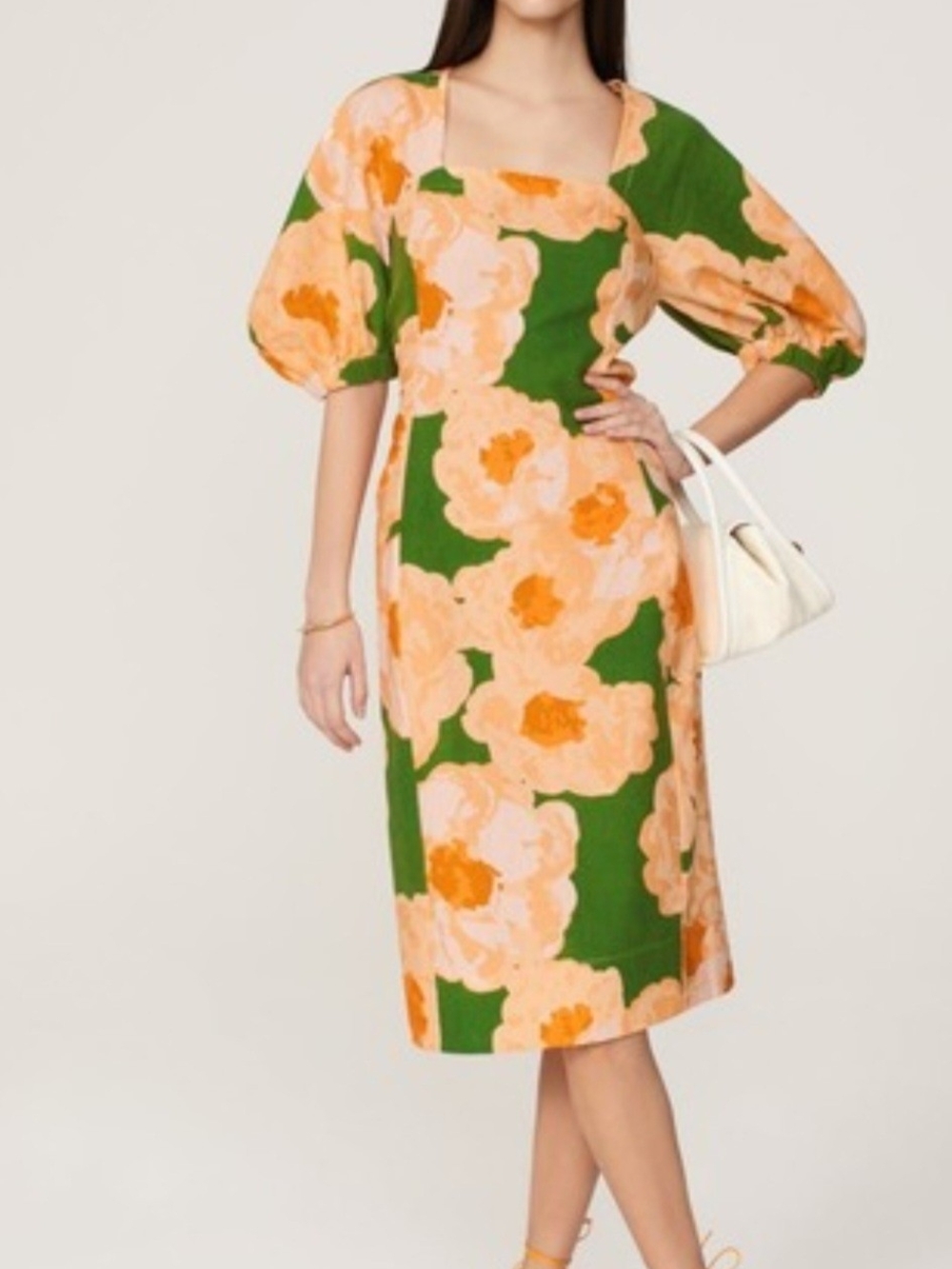 Green Floral Puff-Sleeve Midi Dress with Square Neckline